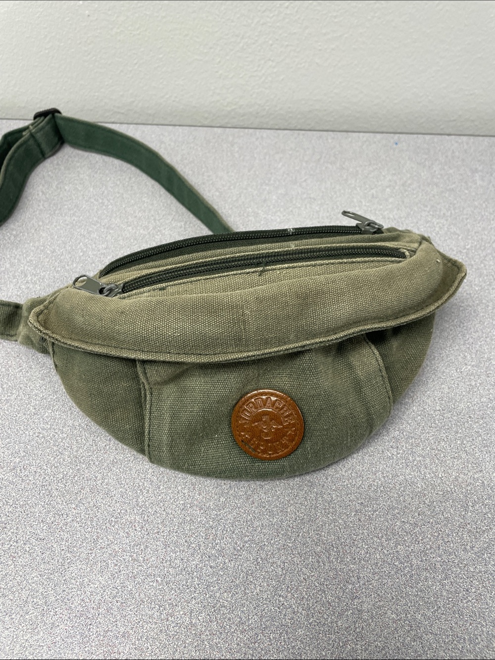 Jordache Vintage Olive Green Canvas Belt Bag with Brown Leather Patch